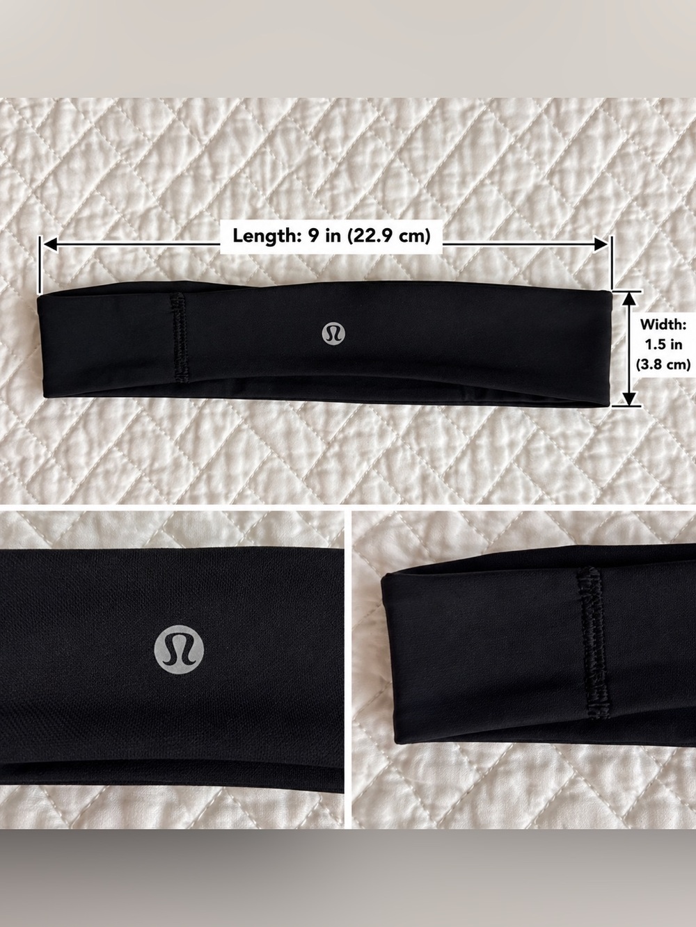 Lululemon Black Stretch Wide Athletic Headband Reflective Logo One Size
